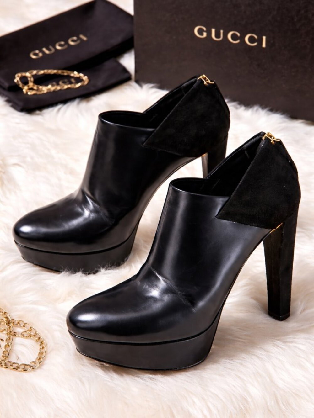 Gucci Black Leather Suede Accent Platform Stiletto Ankle Boot, Size 36.5